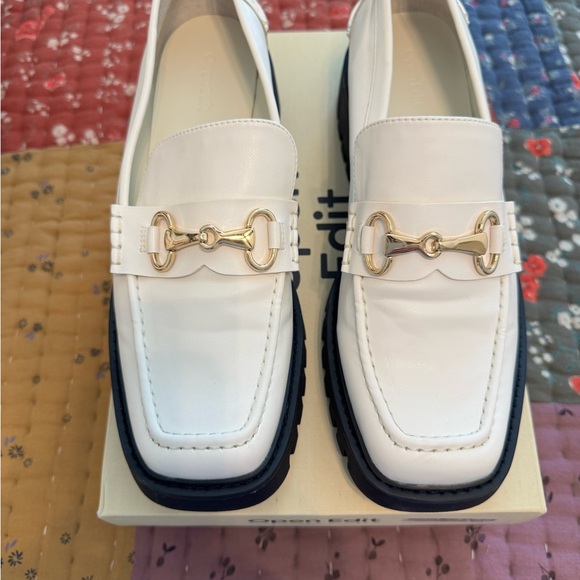 Open Edit Shoes - Ivory Leather Loafer with Gold Bit Accent - Women Shoes